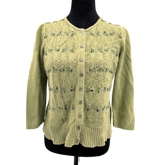 Sigrid Olsen Cardigan Sweater Women MP‎ Beaded Green Fairy Floral Silk Cotton - Picture 1 of 7